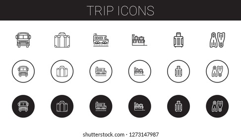 trip icons set. Collection of trip with school bus, suitcase, flippers. Editable and scalable trip icons.