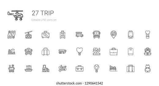 trip icons set. Collection of trip with suitcase, hot air balloon, briefcase, road, trireme, school bus, tent, bus, luggage, colosseum, place. Editable and scalable trip icons.