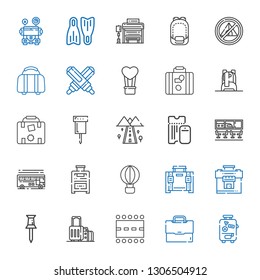 trip icons set. Collection of trip with suitcase, briefcase, runway, pin, hot air balloon, bus, airport, boarding pass, road, luggage, backpack. Editable and scalable trip icons.