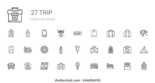 trip icons set. Collection of trip with suitcase, bus, hot air balloon, luggage, flippers, road, school bus, police box, pin, marker, rolling wheel. Editable and scalable trip icons.