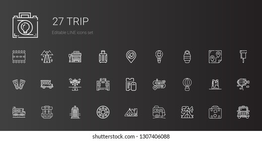 trip icons set. Collection of trip with tent, caravan, rolling wheel, police box, backpack, school bus, hot air balloon, road, boarding pass. Editable and scalable trip icons.