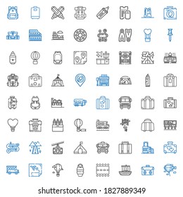 Trip Icons Set. Sammlung von Reise mit Zeppelin, Aktentasche, Trireme, Start- und Landebahn, Schlafsack, Heißluftballon, Route, Bus, Koffer, Gepäck, Schulbus. Bearbeitbare und skalierbare Reisesymbole.