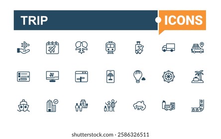 Trip icons set. It contains symbols to airport, parking, cruise, air, train, travel, trip and more. Thin outline icons pack. Editable vector stroke.