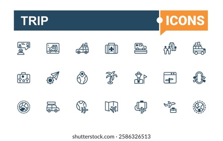 Trip icons set. It contains symbols to airport, parking, cruise, air, train, travel, trip and more. Thin outline icons pack. Editable vector stroke.