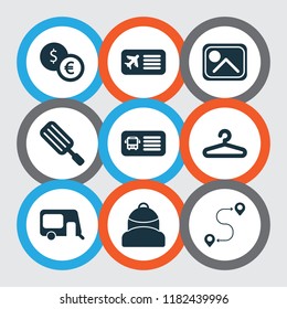 Trip icons set with exchange money, route, house on wheels and other caravan elements. Isolated vector illustration trip icons.