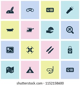 Trip icons set with quadrupter, map with route, tent with fire and other image elements. Isolated vector illustration trip icons.