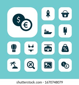 Trip icons set with sand with palm, ship, swimsuit image elements. Isolated vector illustration trip icons.