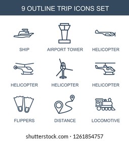 trip icons. Trendy 9 trip icons. Contain icons such as ship, airport tower, helicopter, flippers, distance, locomotive. trip icon for web and mobile.