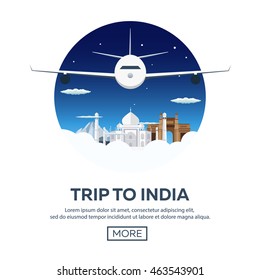 Trip to India. Travelling illustration. Modern flat design. Travel by airplane, vacation, adventure, trip. Time to travel