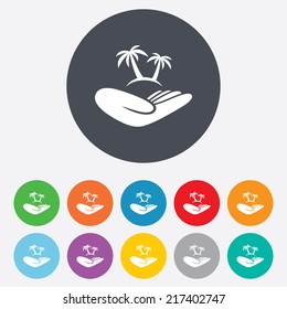 Trip insurance sign. Hand holds palm trees symbol. Travel insurance. Round colourful 11 buttons. Vector