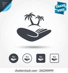 Trip insurance sign. Hand holds palm trees symbol. Travel insurance. Circle and square buttons. Flat design set. Thank you ribbon. Vector