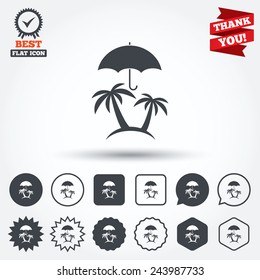 Trip insurance sign icon. Safe travel symbol. Circle, star, speech bubble and square buttons. Award medal with check mark. Thank you. Vector