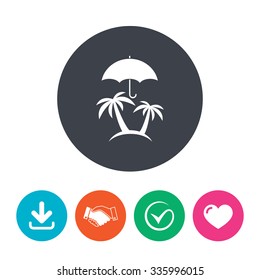 Trip insurance sign icon. Safe travel symbol. Download arrow, handshake, tick and heart. Flat circle buttons.