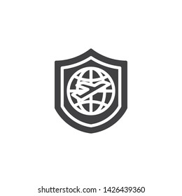 Trip insurance vector icon. Shield with plane and globe filled flat sign for mobile concept and web design. Travel insurance glyph icon. Symbol, logo illustration. Vector graphics