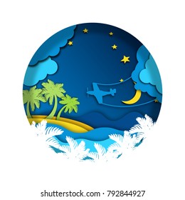 A trip to the islands. The plane flies to the islands in the night sky. Paper art.