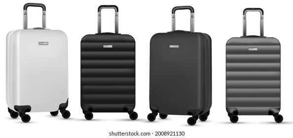 Trip isolated. Set of silver travel plastic suitcase or vacation baggage bag on white background. Design of summer vacation holiday concept.
