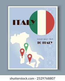 Cartaz de viagem à Itália. Torre de Pisa. Viagens e turismo para a Europa. Mapa italiano. Férias e férias, viagem. Capa de mídia social. Ilustração de vetor plano isolada no plano de fundo cinza