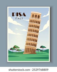 Trip to Italy poster. Pisa tower. Travel and tourism to Europe. Italian landmark. Holiday and vacation. Poster or banner for website. Flat vector illustration isolated on grey background