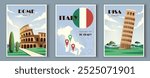 Trip to italy posters set. Coliseum and Pisa. Travel and tourism. Holiday and vacation. Italian landmarks and sightseens. Pack of postcards. Flat vector collection isolated on grey background