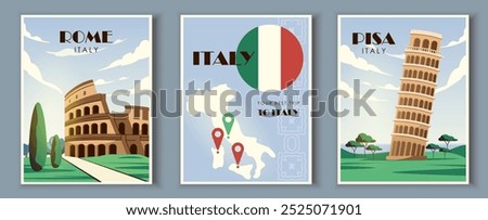 Trip to italy posters set. Coliseum and Pisa. Travel and tourism. Holiday and vacation. Italian landmarks and sightseens. Pack of postcards. Flat vector collection isolated on grey background