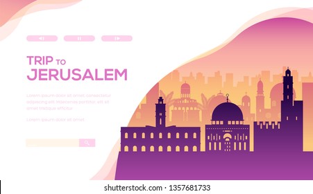 Trip to Jerusalem vector landing page template. Israel skyline minimalistic illustration. Architectural landmark, tourist attractions web banner layout design. Temple, mosque urban panoramic view
