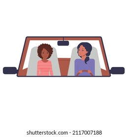 A trip, a journey in a car. Two young girls. Vector flat, white background.