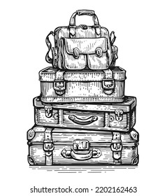 Trip and journey luggage bags heap isolated. Pile of travel baggage stacked. Suitcases sketch vector illustration