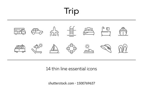 Trip line icon set. Cruise liner, car, beach, sea, hotel. Vacation concept. Can be used for topics like journey, tour, travel, resort