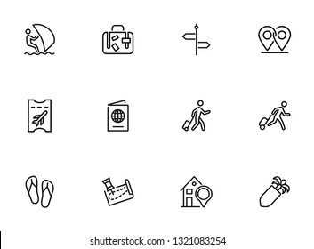 Trip line icon set. Tourist, luggage, flight ticket. Vacation concept. Can be used for topics like tour, journey, travel, summer