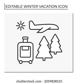  Trip line icon. Travel to snowy countries. Flight by plane for vacation. Journey. Winter vacation concept. Isolated vector illustration. Editable stroke
