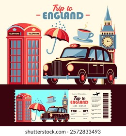 Reise nach London. Cartoon Elemente, Big Bend, Telefon, Taxi und Kaffee. Geeignet für Veranstaltungen und Feiertage