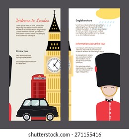 The trip to London. Travel flyers with famous landmarks and symbols of UK: Big Ben, taxi, red phone, guard. Easy editable tourism template. Perfect for posters, banners.