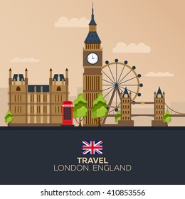 Trip to London. Vacation. Road trip. Tourism. Journey. Travelling illustration London city. Modern flat design. Big Ban. England. London skyline