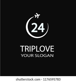 Trip love. Airplane, logo, icon. Place for your text, slogan. 24 hour, black background.