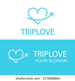 Trip love. Heart and airplane, logo, icon.