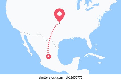 Trip from Mexico to USA - tourism between countries / immigration of mexican migrant into United states of America. Vector illustration 