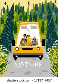 A trip to nature. Vector illustration with mountains, trees, family in the car, for print, postcards, banner, book.
