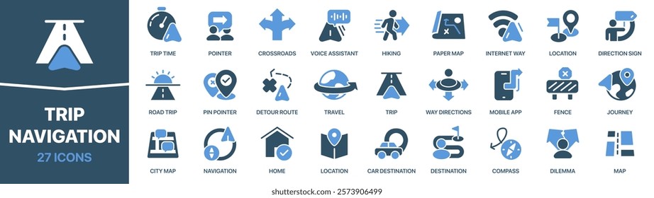 Trip and navigation colored signed icon collection. Travel, location, journey, road, map icons. UI icon set. Colored icons pack. Vector illustration EPS10