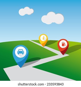 Trip navigation pins placed on a field road in different colours.