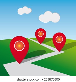 Trip navigation pins placed on the road in red colour.