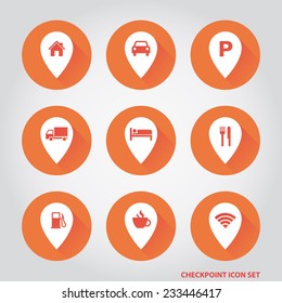 Trip navigation round icons set with route services in orange color.
