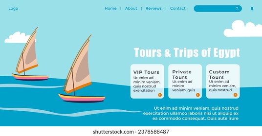 Trip on Nile River on private and VIP yacht, individual cruises, tours to historical monuments and archaeological treasures. Website landing page template, internet site vector in flat style