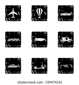Trip on transport icons set. Grunge illustration of 9 trip on transport vector icons for web