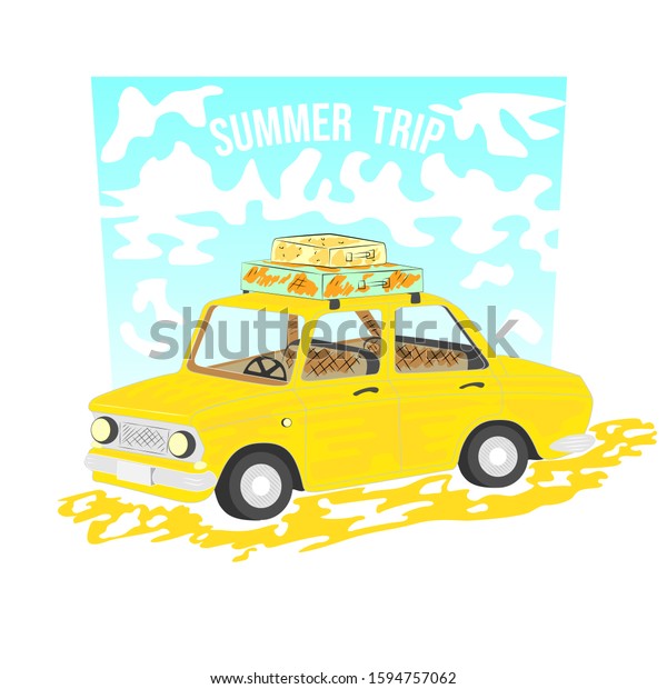 Trip on a yellow car with suitcases\
and luggage on the roof under summer clouds.  Family trip to the\
country cottage out of town, freehand vector illustration.\
