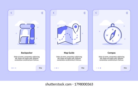 Trip onboarding screen modern user interface UX UI template for mobile apps smartphone Backpacker map guide compass with flat style