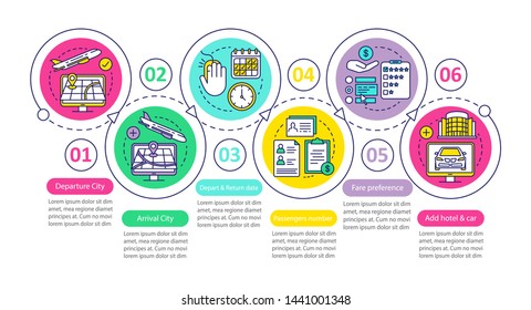 Trip organisation vector infographic template. Business presentation design elements. Data visualization with six steps and options. Process timeline chart. Workflow layout with linear icons