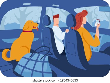 Trip out town, convenient transportation, experienced car driver, favorite pet, family travel, cartoon style vector illustration.