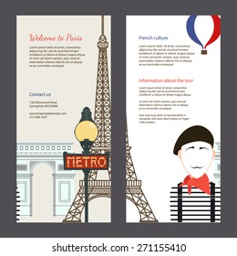 The trip to Paris. Travel flyer with famous landmarks of France: the Eiffel tower, the metro, the arc de Triomphe. Easy editable tourism template. Perfect for banners, posters.