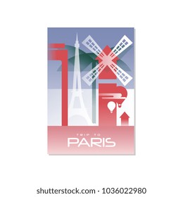 Trip to Paris, travel poster template, touristic greeting card, vector Illustration for magazine, presentation, banner, book cover