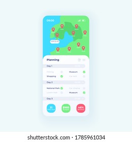 Trip planner app smartphone interface vector template. Mobile app page day mode design layout. Travel management screen. Flat UI for application. Map and daily schedule on phone display